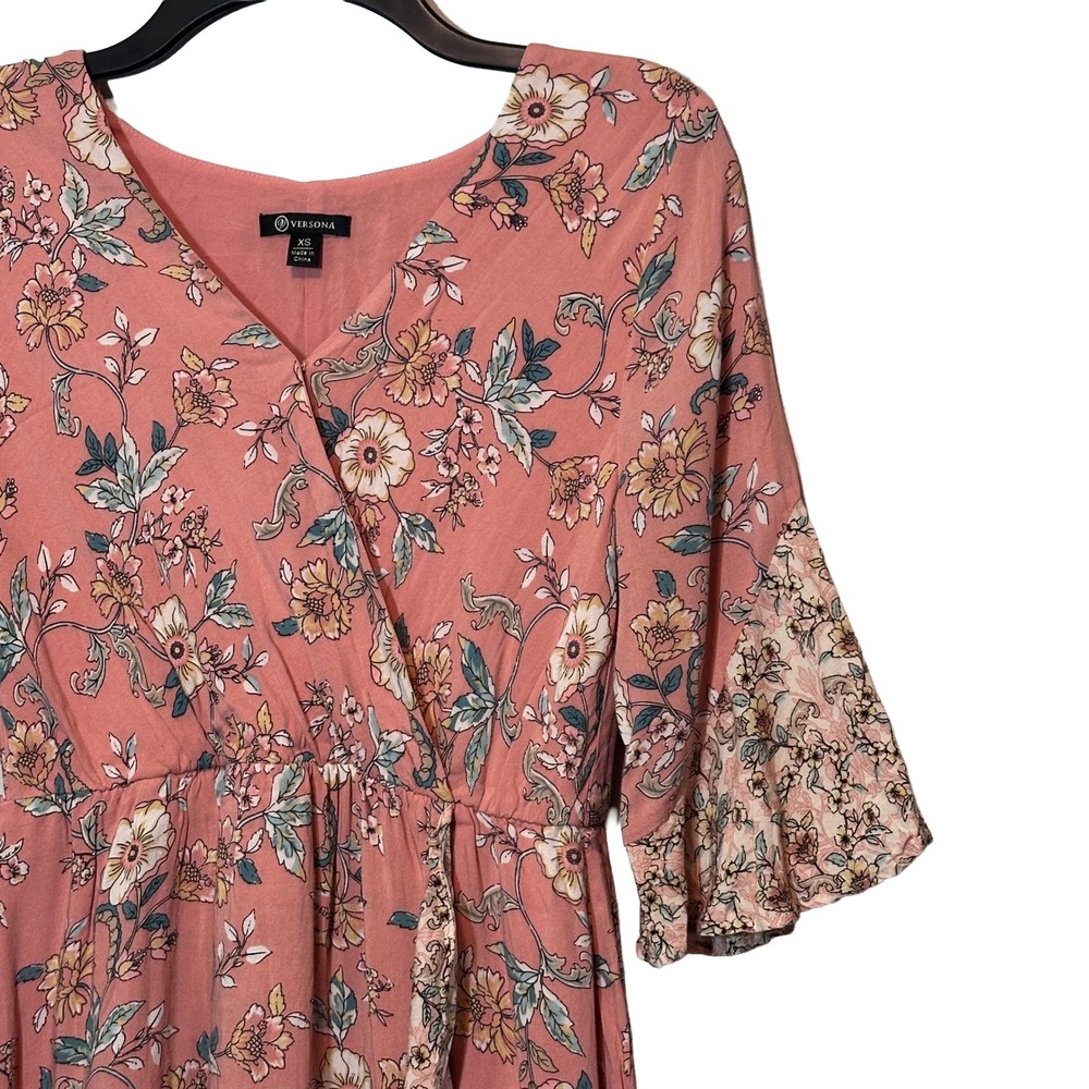 Versona Womens XS Floral Wrap Dress Coral Pink Bell Sleeve Ruffle Hem